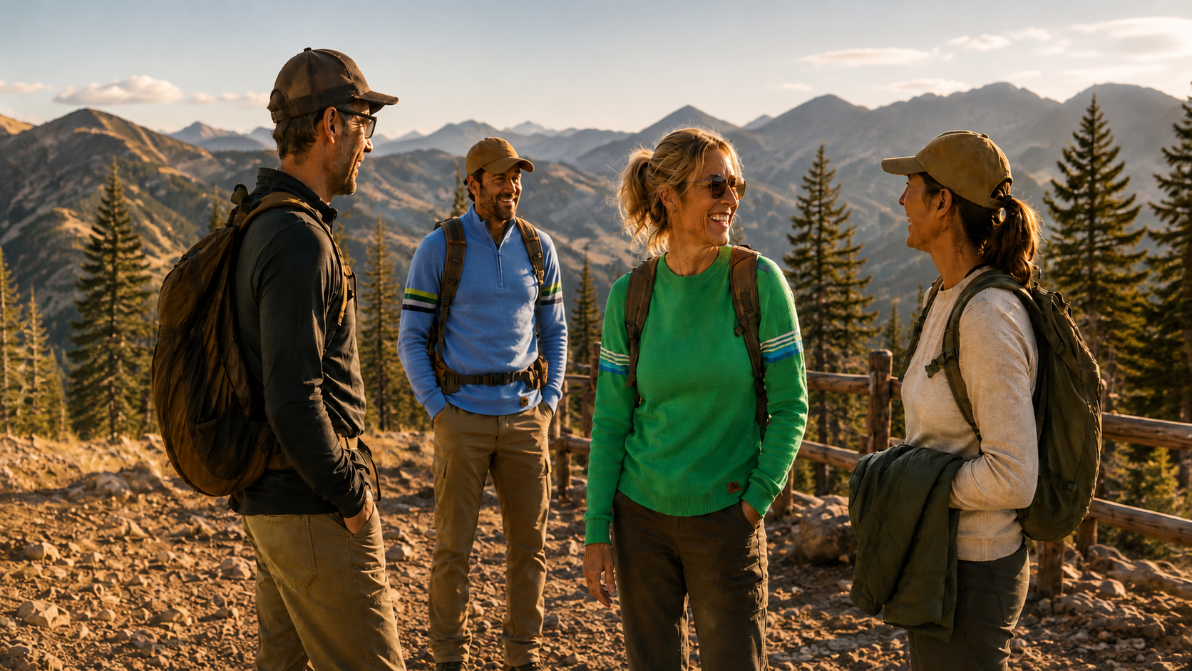 4 people out hiking and wearing cashmere sweaters