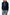 Person wearing a navy blue hoodie with light blue drawstrings on a white background