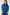 Woman wearing a blue sweater with green and white striped sleeves on a white background